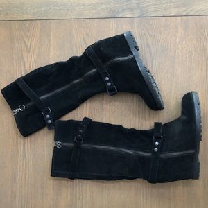 Knee high black suede wedge boots